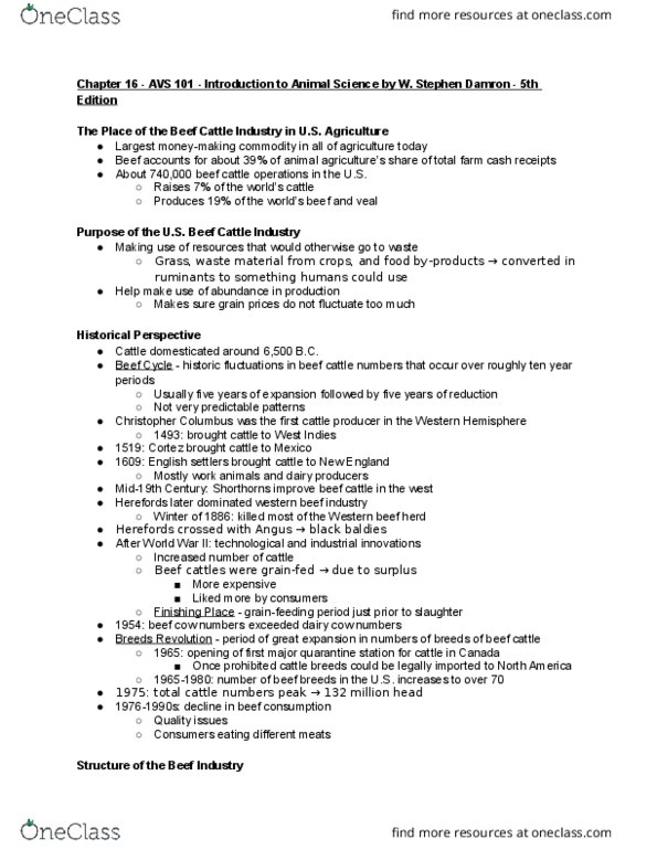 AVS 101 Chapter Notes - Chapter 16: Beef Cattle, Brahman (Cattle), Dairy Cattle thumbnail