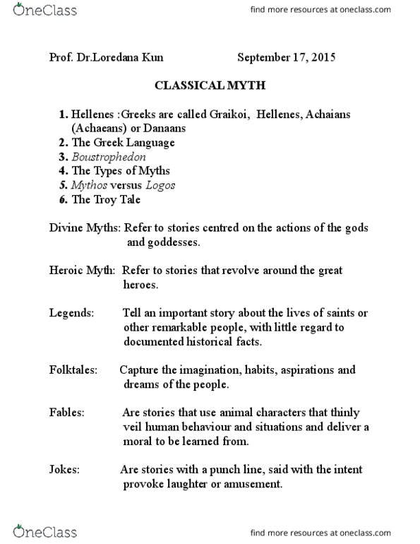 HUMA 1105 Lecture 1: 2 Classical Myth (1) thumbnail