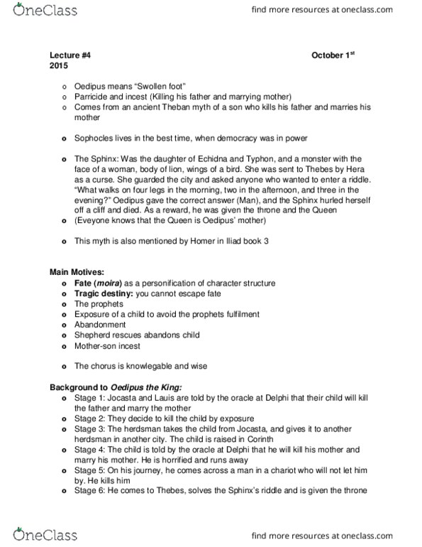 HUMA 1105 Lecture Notes - Lecture 4: Parricide, Sophocles, Tyrant thumbnail