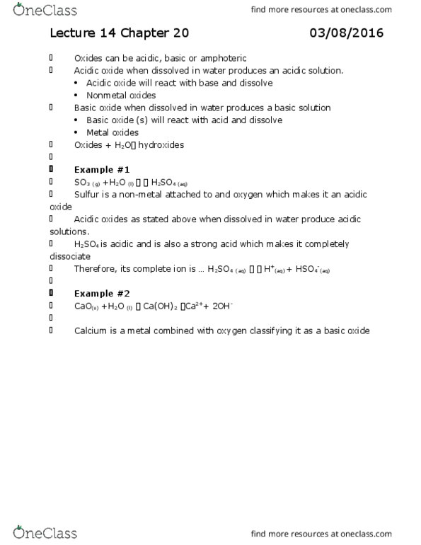 CHEM 6B Lecture Notes - Lecture 14: Acidic Oxide, Chemical Equation, Amphoterism thumbnail