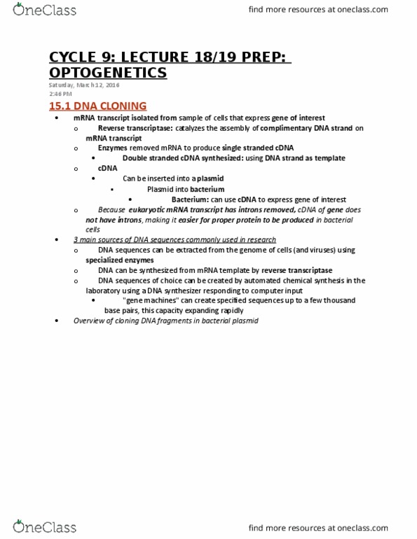 Biology 1002B Chapter Notes - Chapter 15: Reverse Transcriptase, Molecular Cloning, Intron thumbnail