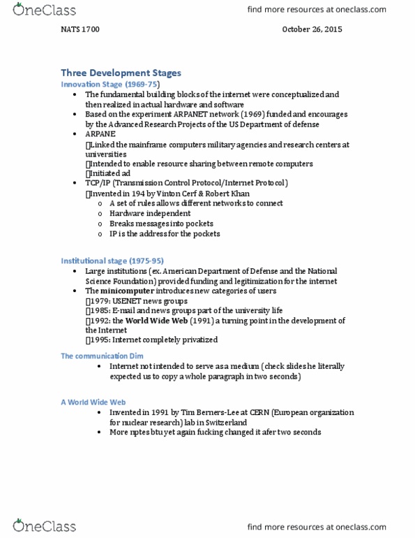 NATS 1700 Lecture Notes - Lecture 7: Vint Cerf, Arpanet, Internet Protocol Suite thumbnail
