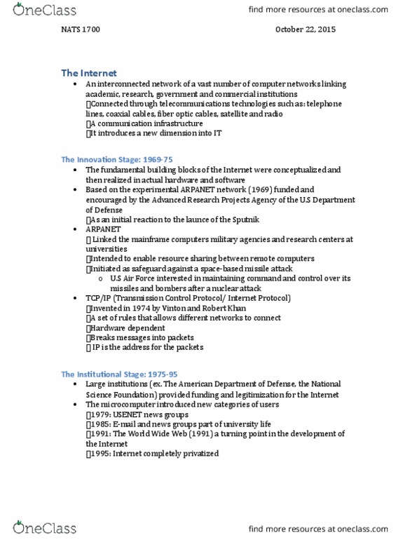 NATS 1700 Lecture Notes - Lecture 9: Darpa, United States Air Force, Transmission Control Protocol thumbnail