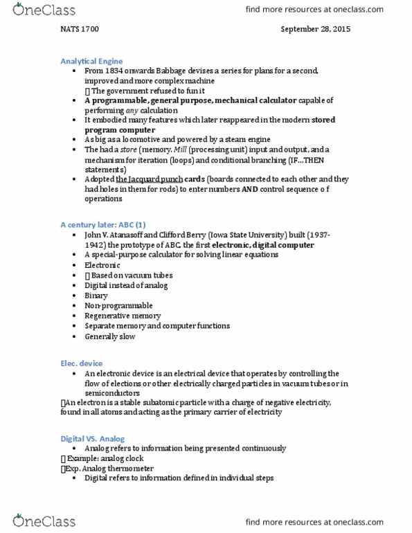 NATS 1700 Lecture Notes - Lecture 3: Clifford Berry, John Vincent Atanasoff, Analytical Engine thumbnail