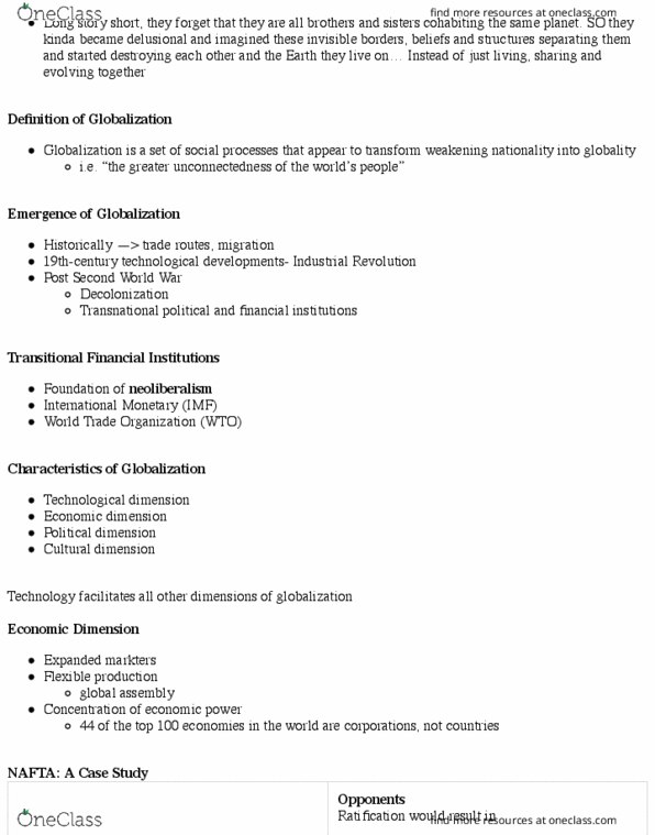 Sociology 1025A/B Lecture Notes - Lecture 9: Nationstates, North American Free Trade Agreement, World Trade Organization thumbnail