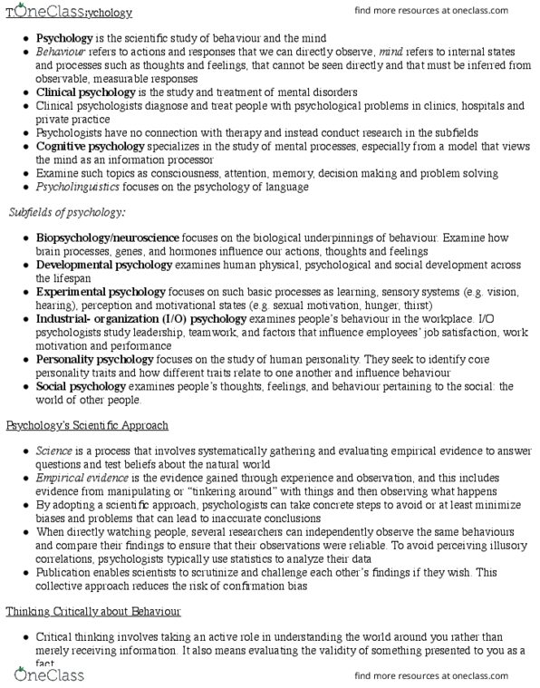 Psychology 1000 Chapter Notes - Chapter 1: Critical Thinking, Evolutionary Psychology, Monism thumbnail