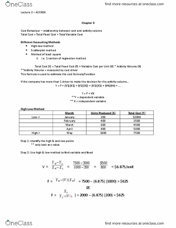 ACC 406 Lecture Notes - Lecture 2: Cost Driver, Scatter Plot, Dependent And Independent Variables thumbnail