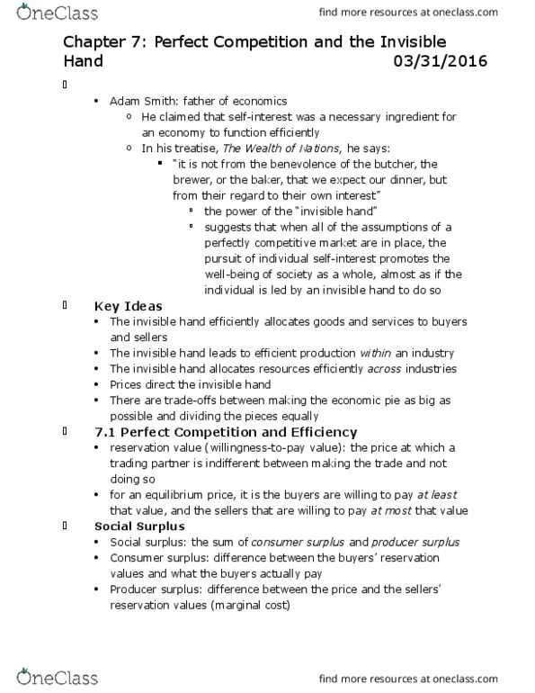 ECON101 Chapter Notes - Chapter 7: Pareto Efficiency, Economic Surplus, Invisible Hand thumbnail