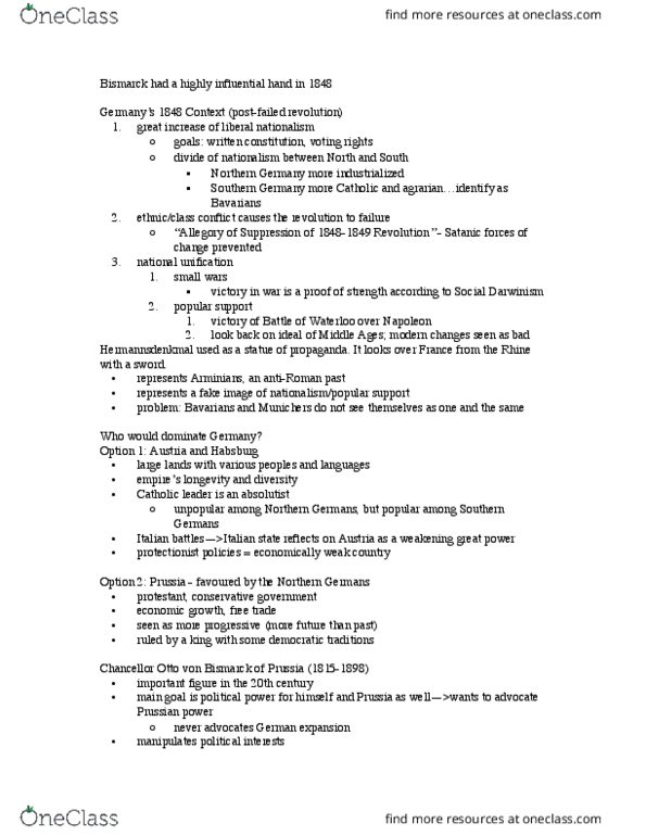 HIST111 Lecture Notes - Lecture 13: Kulturkampf, Ems Dispatch, Social Darwinism thumbnail