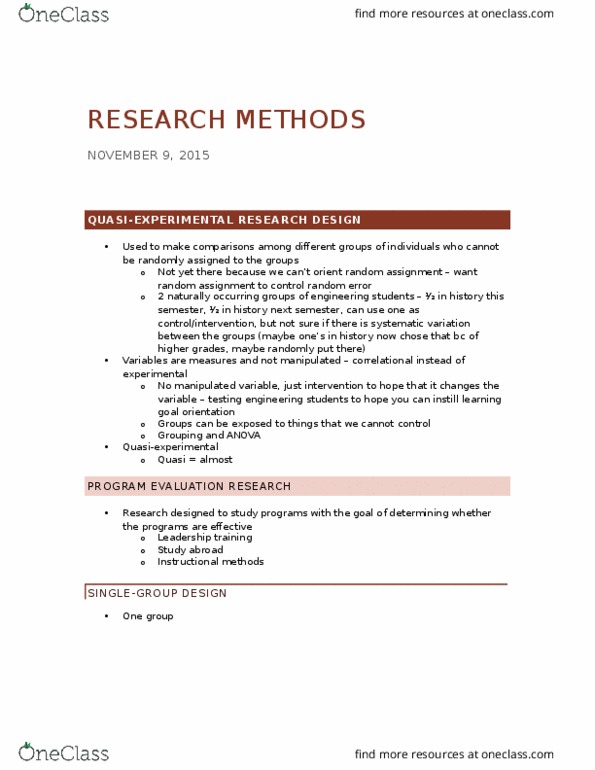 PSYC 2360 Lecture Notes - Lecture 10: Random Assignment, Observational Error, Quasi thumbnail