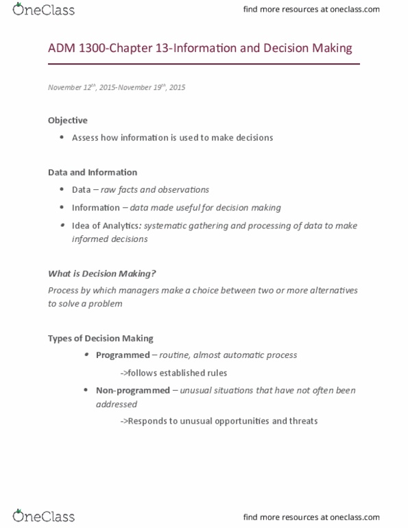 ADM 1300 Lecture Notes - Lecture 10: Decision-Making, Representativeness Heuristic, Delphi Method thumbnail