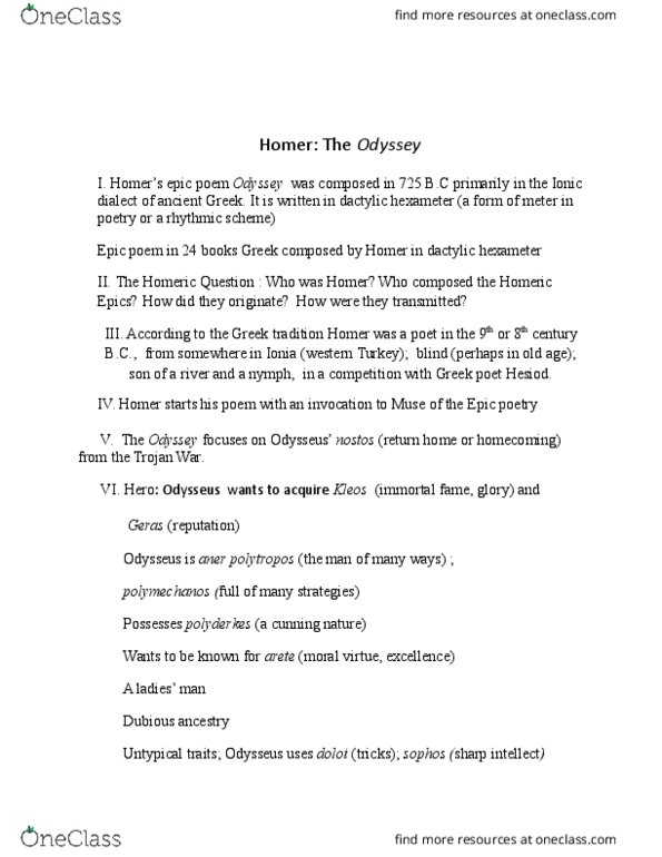 HUMA 1105 Lecture Notes - Lecture 4: Dactylic Hexameter, Ionic Greek, Homeric Question thumbnail