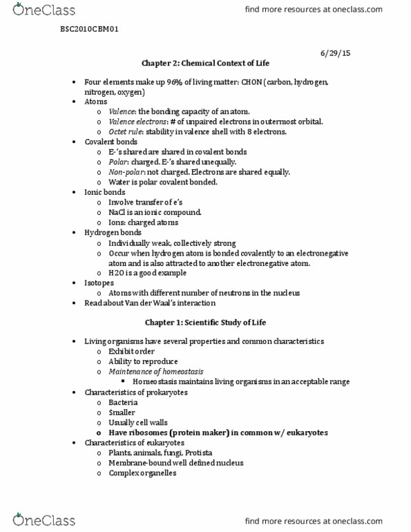 BSC 2010C Lecture Notes - Lecture 1: Valence Electron, Ionic Compound, Octet Rule thumbnail