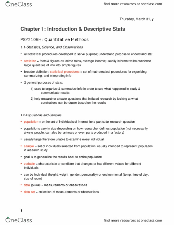 PSY 2106 Chapter Notes - Chapter 1: Statistic, Statistical Inference, Statistical Parameter thumbnail