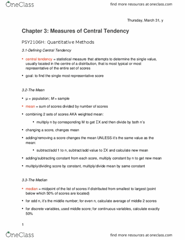 PSY 2106 Chapter Notes - Chapter 3: Central Tendency, Level Of Measurement thumbnail