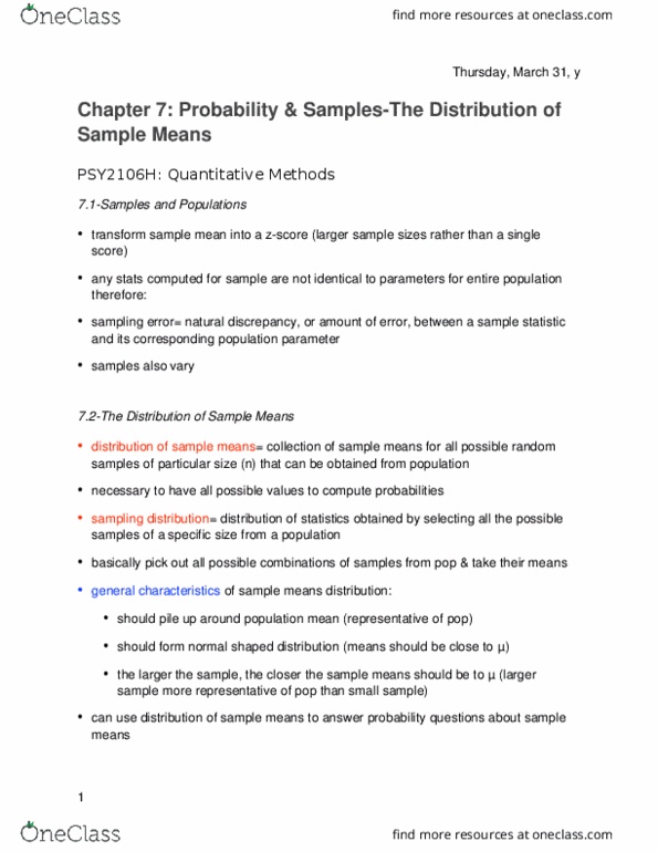 PSY 2106 Chapter Notes - Chapter 7: Central Limit Theorem, Sampling Distribution, Statistical Parameter thumbnail
