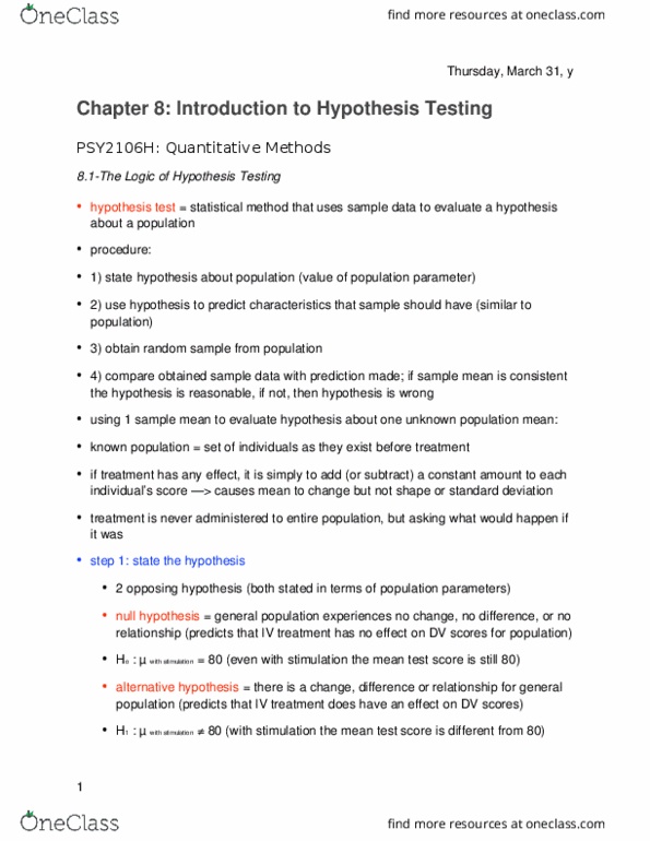 PSY 2106 Chapter Notes - Chapter 8: Null Hypothesis, Statistical Hypothesis Testing, Statistical Parameter thumbnail