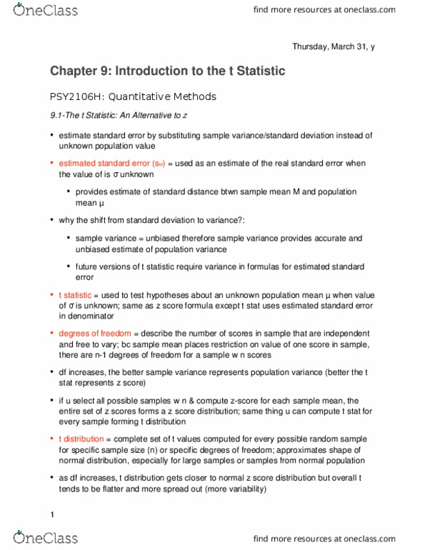 PSY 2106 Chapter Notes - Chapter 9: Variance, Null Hypothesis, Statistic thumbnail