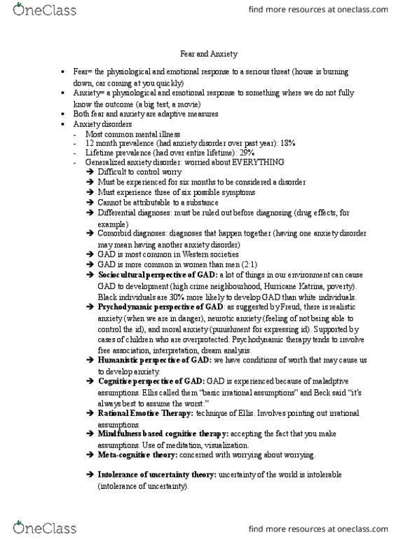 PSYC 2280 Lecture Notes - Lecture 4: Generalized Anxiety Disorder, Rational Emotive Behavior Therapy, Social Anxiety Disorder thumbnail