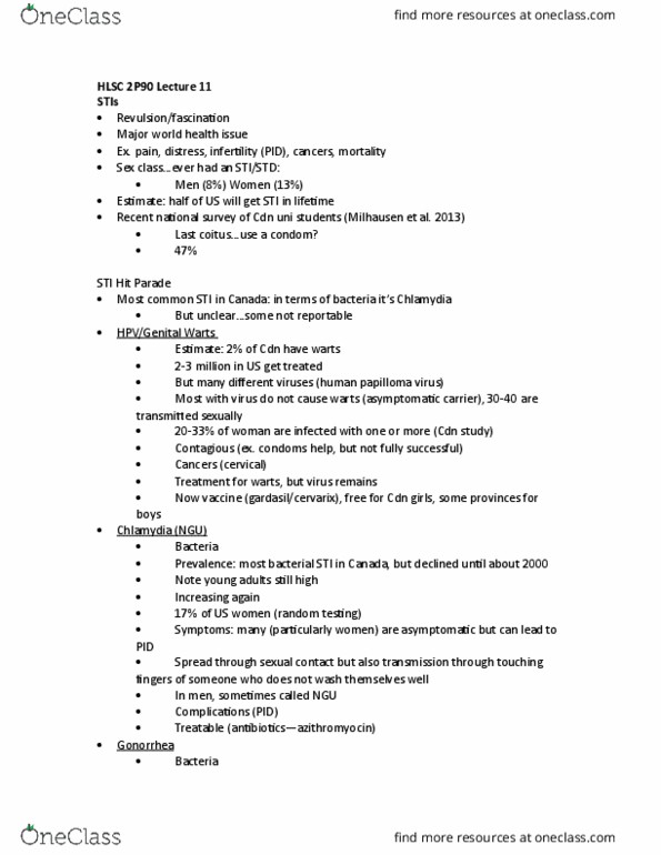 HLSC 2P90 Lecture Notes - Lecture 11: Aids, Human Papillomavirus Infection, Asymptomatic Carrier thumbnail