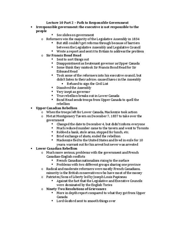 History 2201E Lecture Notes - Lecture 10: Louis-Hippolyte Lafontaine, Rebellion Losses Bill, Complete Control thumbnail