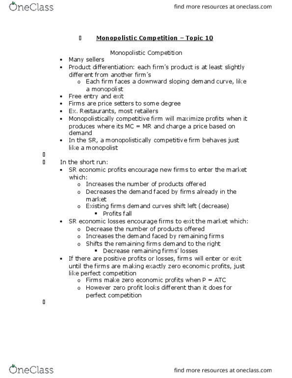 ECON 1B03 Lecture Notes - Lecture 10: Monopolistic Competition, Perfect Competition, Demand Curve thumbnail