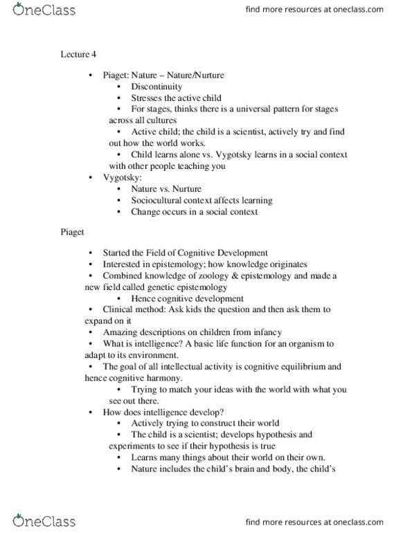 PSY 302 Lecture Notes - Lecture 4: Active Child, Genetic Epistemology, Object Permanence thumbnail