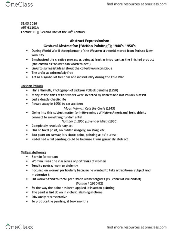 ARTH 1101 Lecture Notes - Lecture 11: Barnett Newman, Abstract Expressionism, Mark Rothko thumbnail