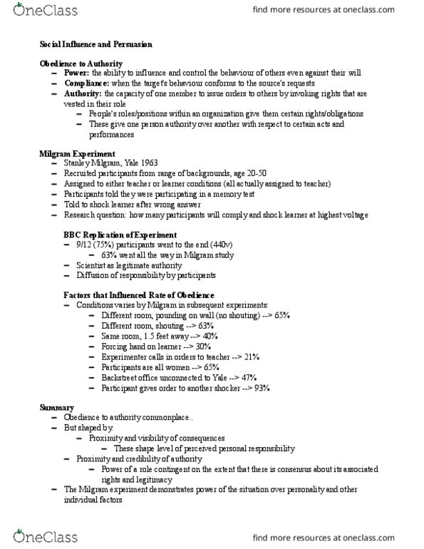 SOCPSY 1Z03 Lecture Notes - Lecture 7: Stanley Milgram, Milgram Experiment, Social Influence thumbnail