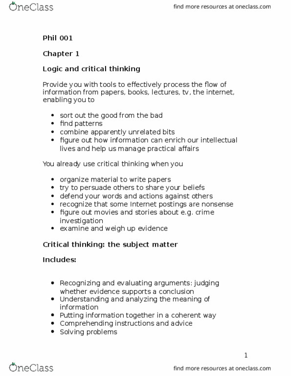 PHIL 105 Lecture Notes - Lecture 1: Co-Premise, Critical Thinking, Forensic Science thumbnail