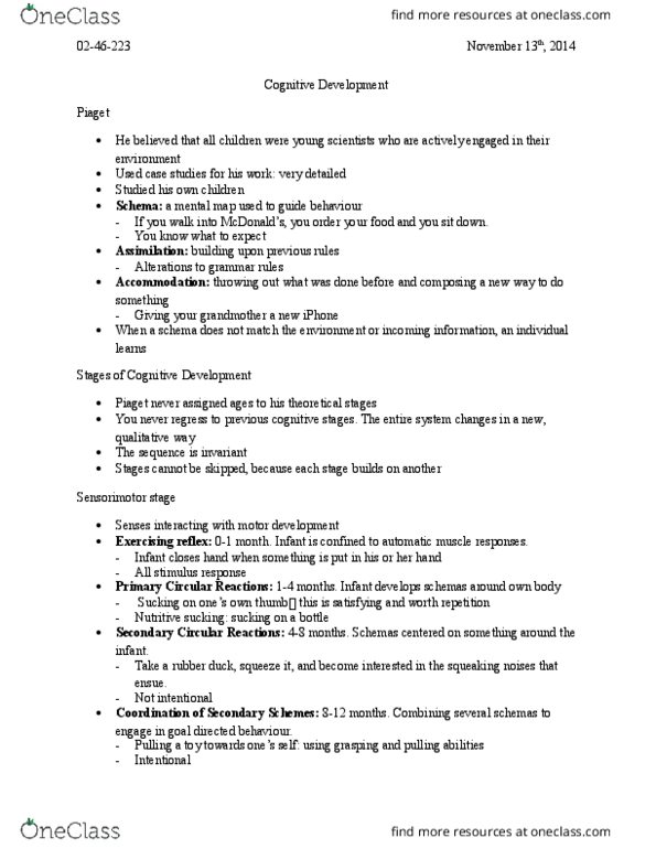 PSYC 2230 Lecture Notes - Lecture 11: Theoretical Plate, Object Permanence, Cognitive Development thumbnail