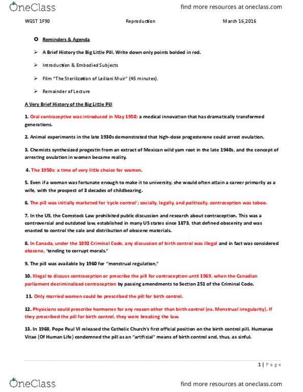 WGST 1F90 Lecture Notes - Lecture 21: Combined Oral Contraceptive Pill, Sexual Sterilization Act Of Alberta, Dalkon Shield thumbnail