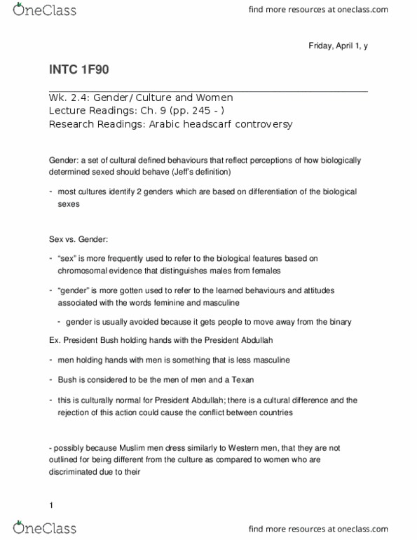 INTC 1F90 Lecture Notes - Lecture 16: Burqa, Grammatical Gender thumbnail