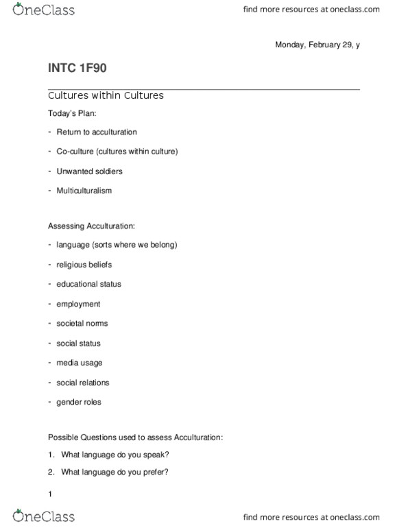 INTC 1F90 Lecture Notes - Lecture 20: Acculturation, Demography Of The United States, Dominant Culture thumbnail