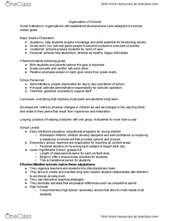 EDT 190 Chapter Notes - Chapter 6: Early Childhood Education, Montessori Education, Comprehensive High School thumbnail