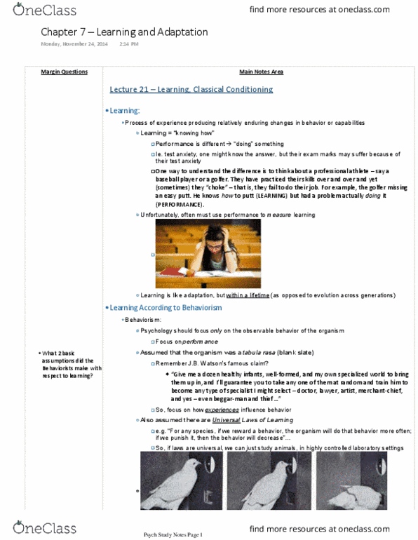 Psychology 1000 Lecture Notes - Lecture 7: Organism, Wrist Shot, Chemotherapy thumbnail