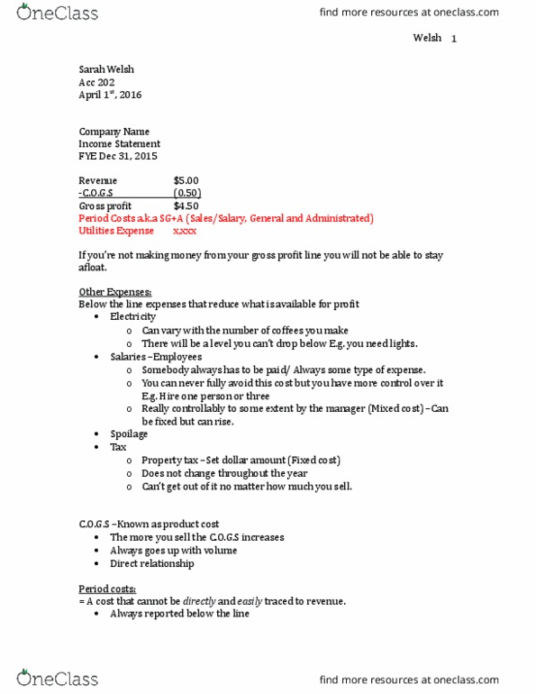 ACC-202 Lecture Notes - Lecture 28: Gross Profit, Fixed Cost, Making Money thumbnail