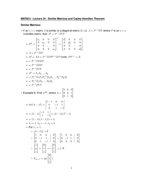MATA23H3 Lecture Notes - Lecture 24: Diagonalizable Matrix, Diagonal Matrix, Invertible Matrix thumbnail