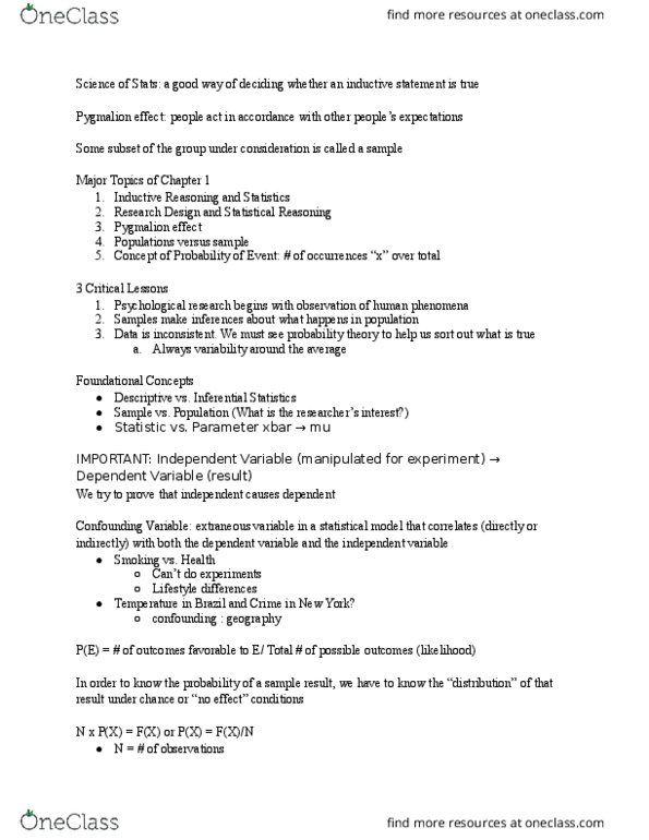 PSYCH 100A Lecture Notes - Lecture 1: Statistical Model, Confounding, Random Assignment thumbnail