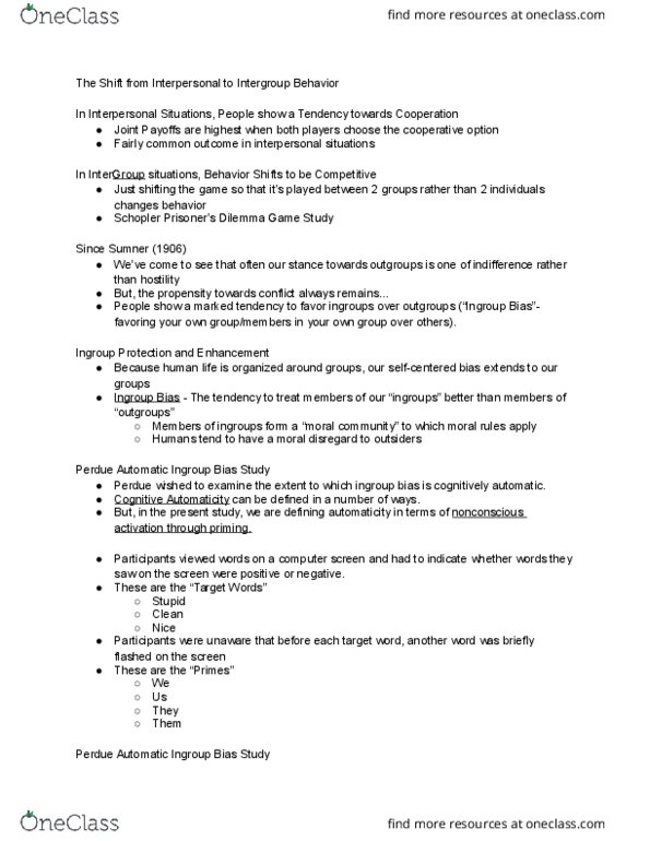 PSYCH 217 Lecture Notes - Lecture 19: In-Group Favoritism, Ingroups And Outgroups thumbnail