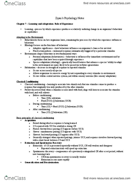 Psychology 1000 Lecture Notes - Lecture 7: Fixed Action Pattern, Operant Conditioning Chamber, Aversion Therapy thumbnail