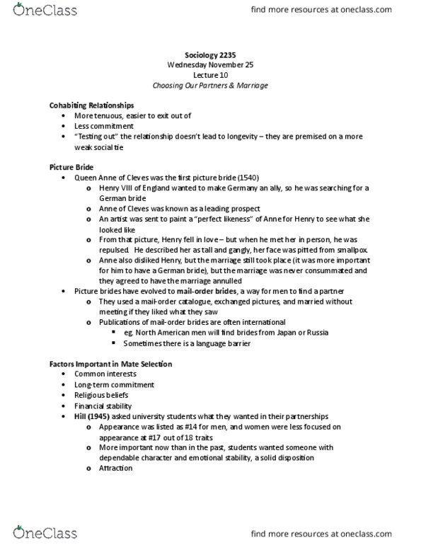 Sociology 2235 Lecture Notes - Lecture 10: Shared Decision-Making In Medicine, Heterogamy, Endogamy thumbnail