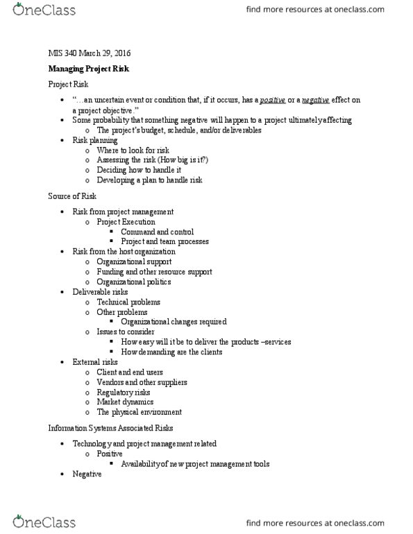 MIS 340 Lecture Notes - Lecture 21: Project Management, Deliverable, Internal Resistance thumbnail