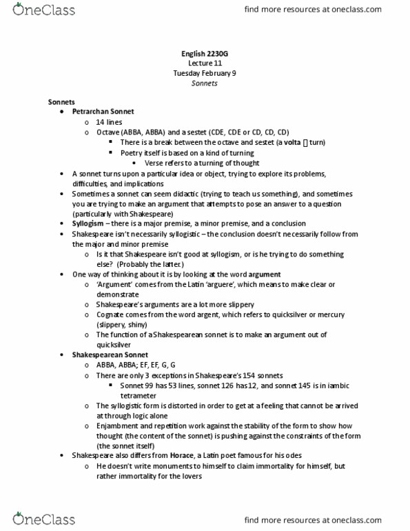 English 2230F/G Lecture Notes - Lecture 11: Shakespeare'S Sonnets, Sonnet 18, Iambic Tetrameter thumbnail