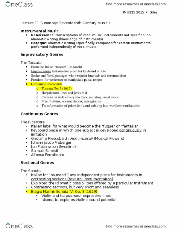 HMU111H1 Lecture Notes - Lecture 11: Jan Pieterszoon Sweelinck, Girolamo Frescobaldi, Sonata Da Camera thumbnail