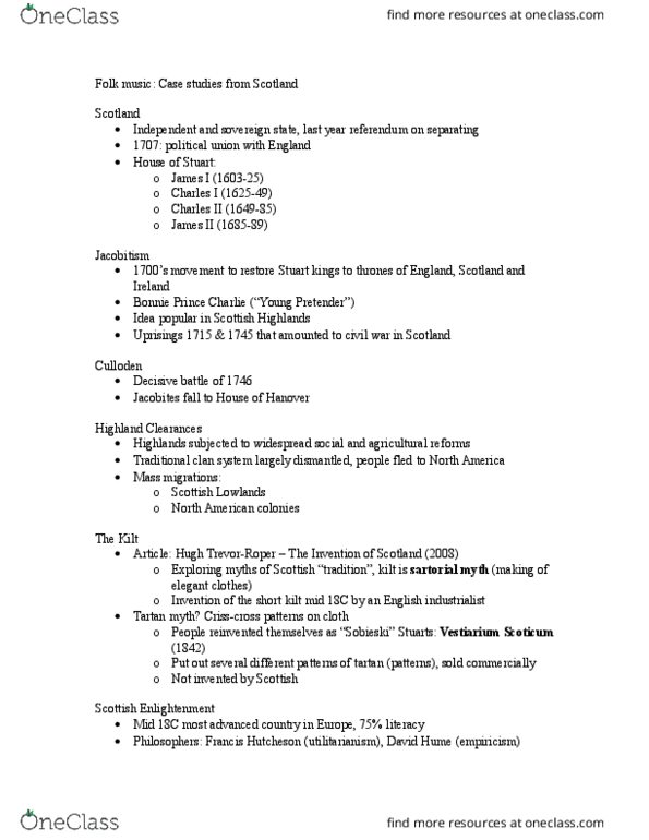 HMU111H1 Lecture Notes - Lecture 10: Vestiarium Scoticum, Highland Clearances, Kilt thumbnail