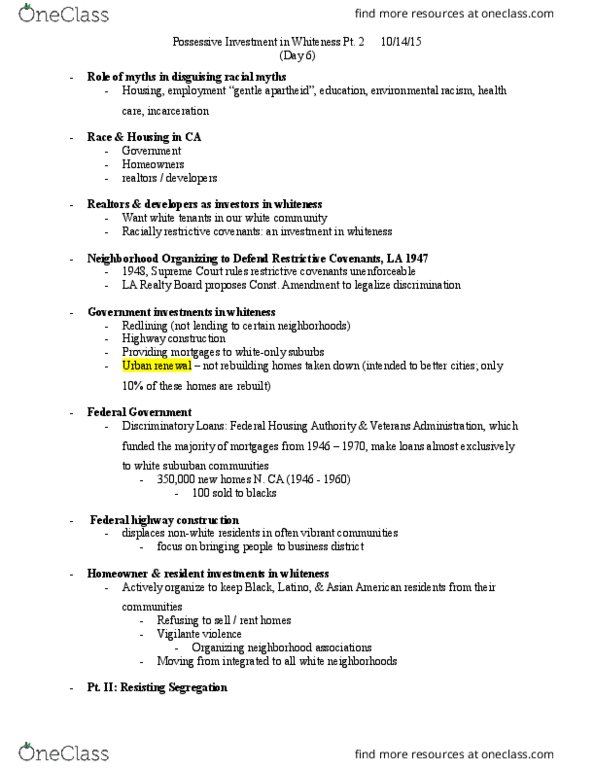 ES 101 Lecture Notes - Lecture 6: Federal Housing Administration, Cow Palace, Housing Segregation In The United States thumbnail