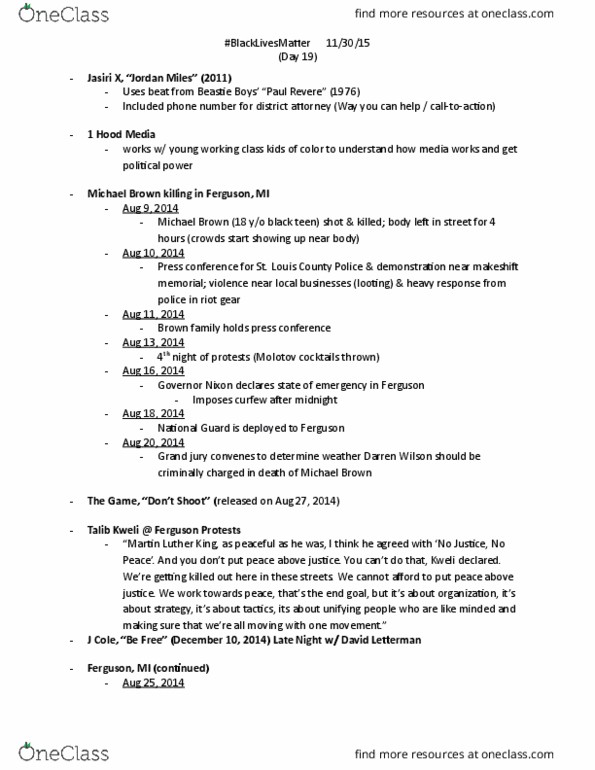 MUS 360 Lecture Notes - Lecture 19: Talib Kweli, Ferguson Police Department (Missouri), Ferguson Unrest thumbnail