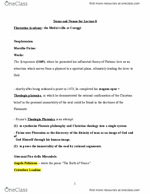 HIS357H5 Lecture Notes - Lecture 8: Giovanni Pico Della Mirandola, Cristoforo Landino, Marsilio Ficino thumbnail