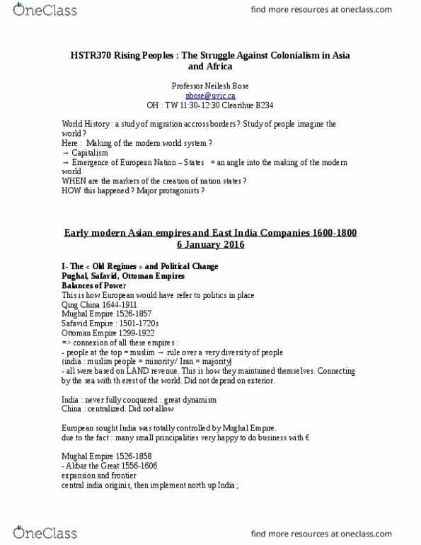 HSTR 347A Lecture Notes - Lecture 1: Mughal Empire, East India Company, Qing Dynasty thumbnail